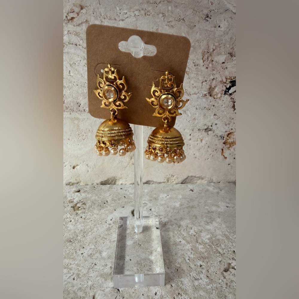 Artisan-Made Gold Jhumka Drop Earrings with Rhinestones & Tiny Pearls